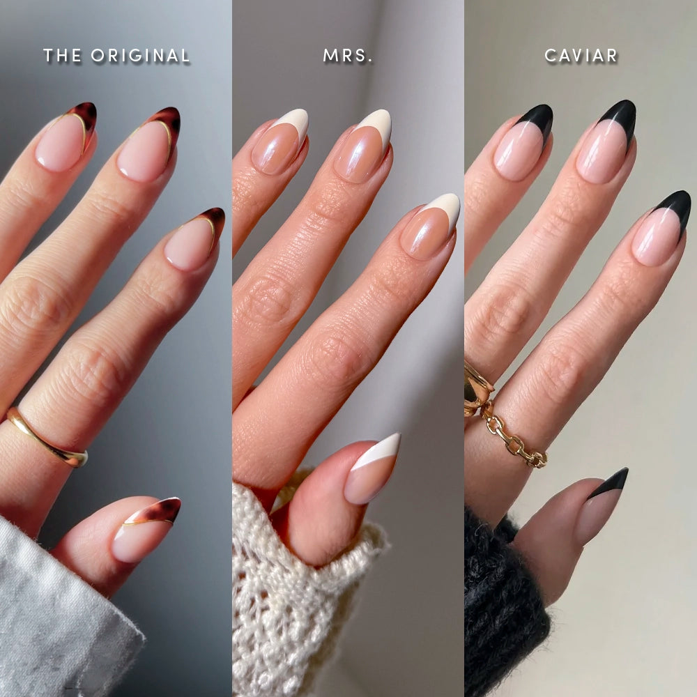 Three hands model glamnetic's The Short Almond Frenchies nails: tortoiseshell French tips on the left, white and beige angled tips in the center, and matte black French tips on the right. Each showcases unique jewelry and sleeve styles.