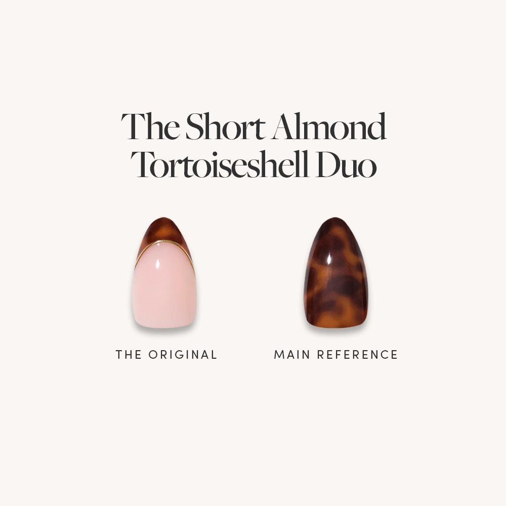 Two short almond press-ons from glamnetic's The Short Almond Tortoiseshell Duo: left features a pale pink base with brown tortoiseshell tip; right is fully tortoiseshell. Both are labeled The Original and Main Reference. - Product image