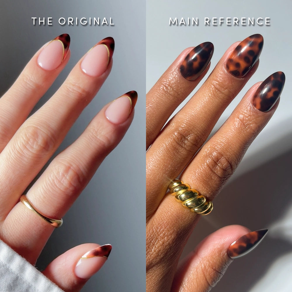 Side-by-side image shows The Short Almond Tortoiseshell Duo by glamnetic: on the left, a light skin tone with French-tip tortoiseshell nails; on the right, a deeper skin tone wears full tortoiseshell press-ons. - Product image