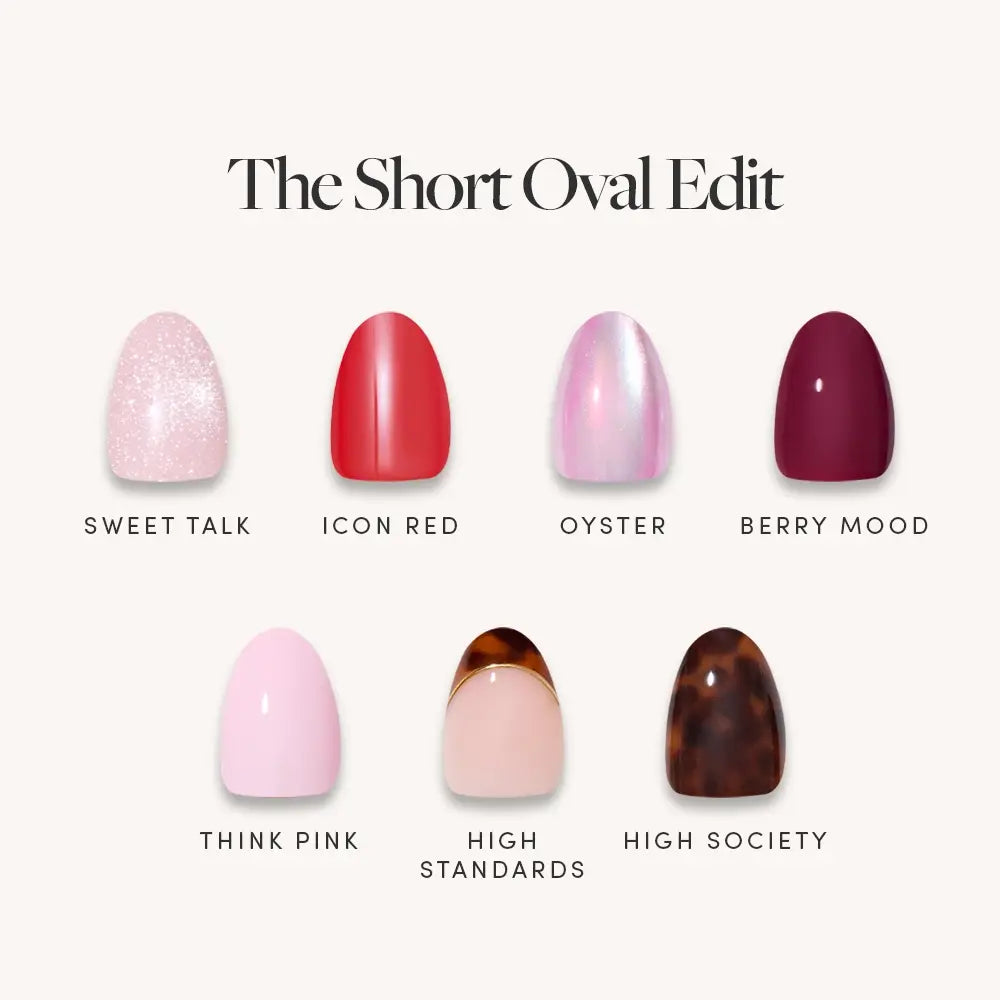 The Short Oval Edit by glamnetic features six chic press-on nail sets: Sweet Talk (pale pink glitter), Icon Red, Oyster (pearly white-pink), deep berry, soft pink, brown marble, and dark tortoiseshell.