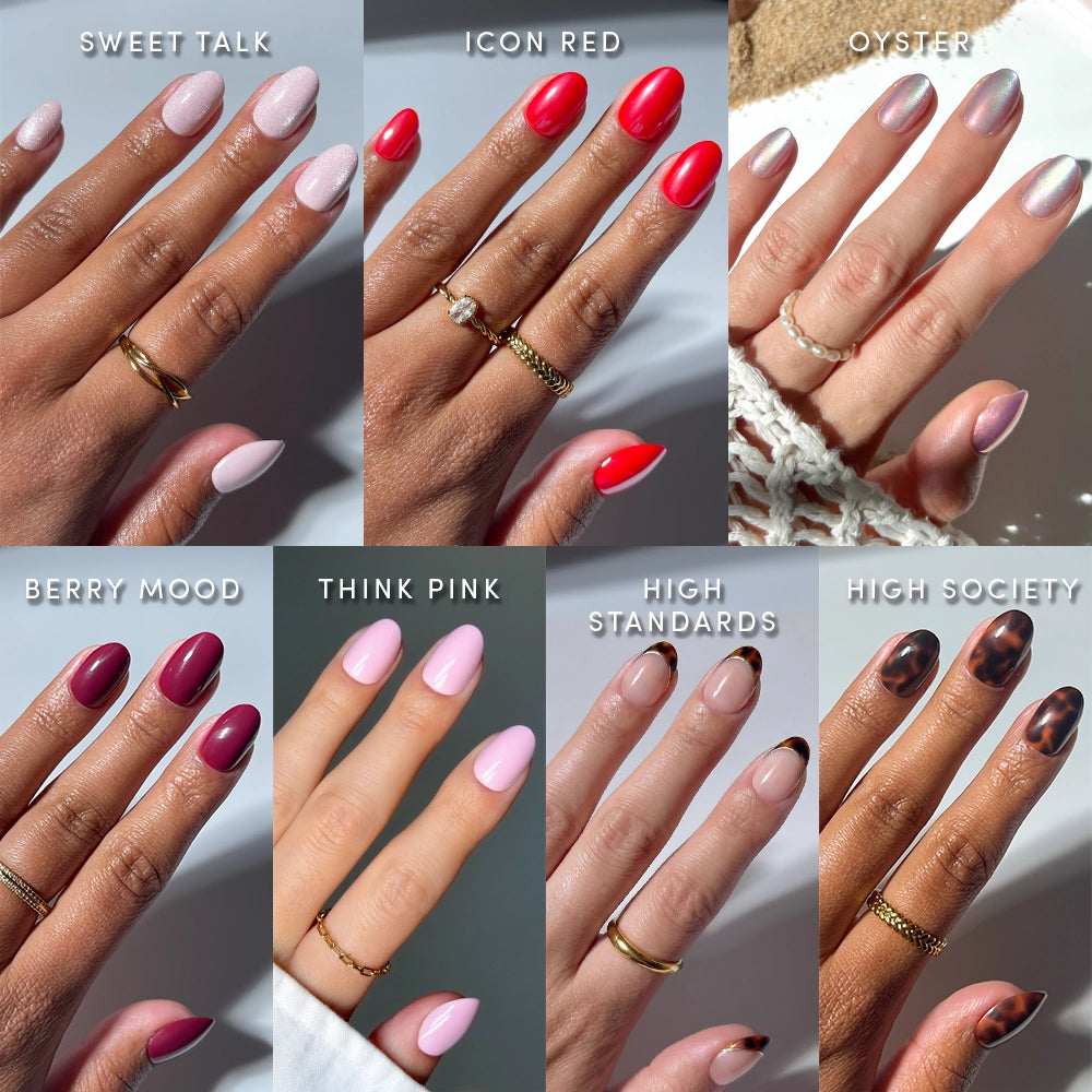 A collage of hands showcases "The Short Oval Edit" by glamnetic—press-on nails in styles like light pink, bright red, pearly beige, deep berry, and nude. Each chic shade features names like Sweet Talk and Icon Red for a curated mani bundle.