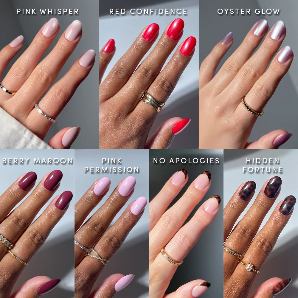 Eight hands showcase glamnetic’s The Short Round Edit, featuring chic, manicured short round nails in Pink Whisper, Red Confidence, Oyster Glow, Berry Maroon, Pink Permission, No Apologies, and Hidden Fortune.