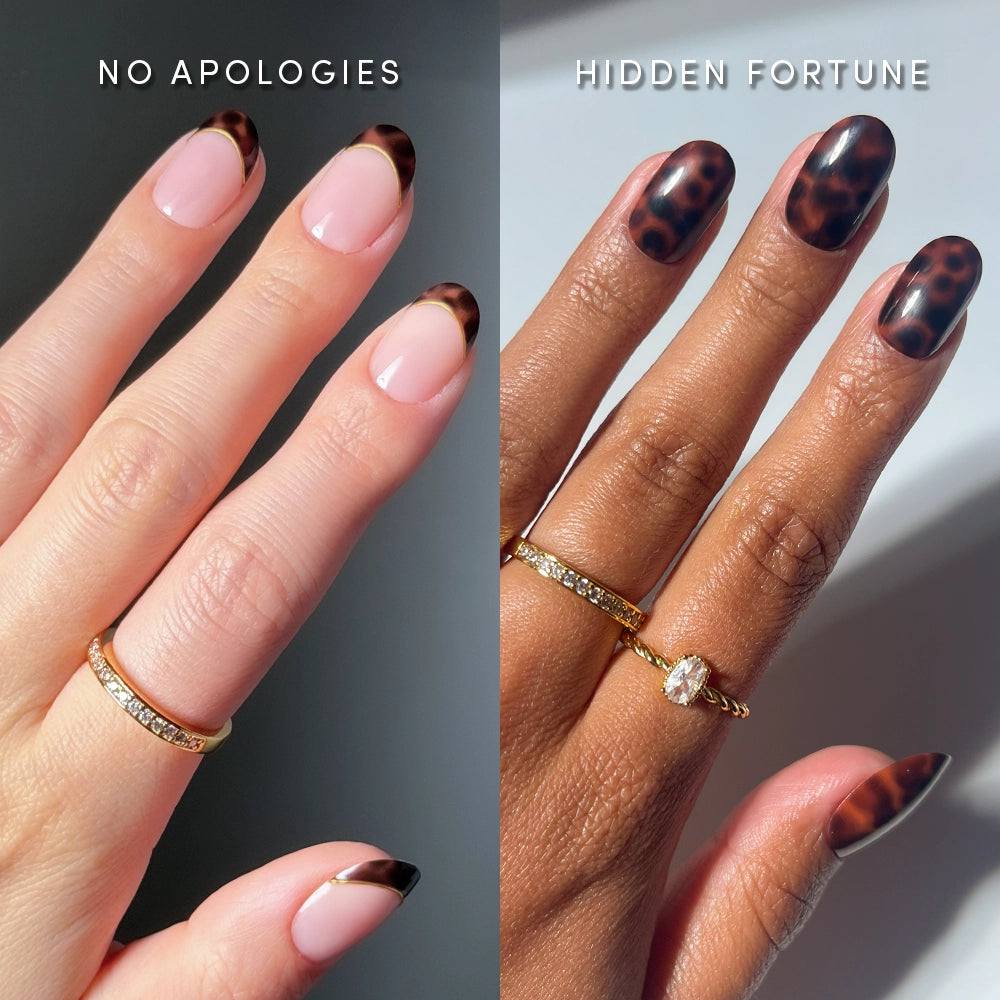 Two manicured hands showcase glamnetic’s The Short Round Tortoiseshell Duo: the left has light pink nails with dark brown tortoiseshell, the right has dark brown nails with black tortoiseshell. Both hands wear gold rings.