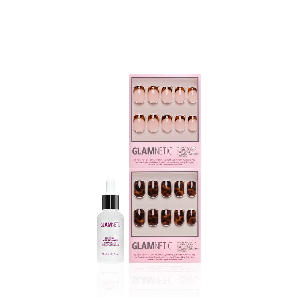 The Short Squoval Tortoiseshell Duo by glamnetic includes two packs of nude and brown press-on nails, shown stacked beside a white Glamnetic cuticle oil bottle with dropper cap, all set against a white background. - Product image