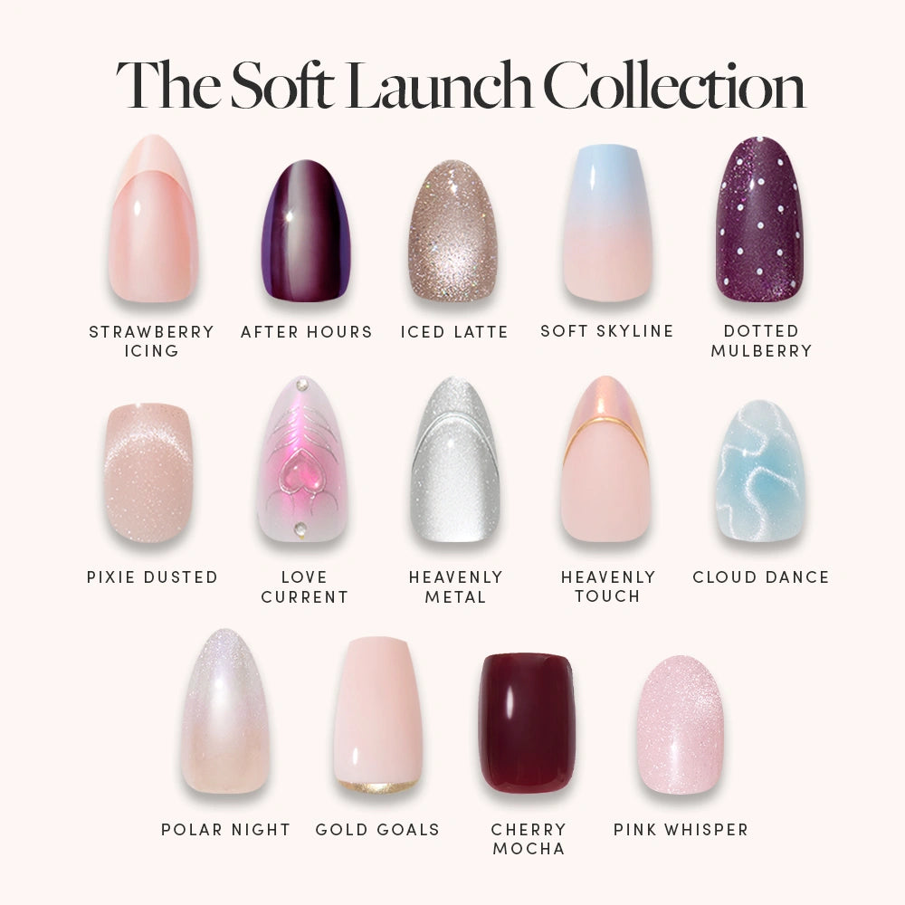 A nail color collection chart titled 'The Soft Launch Collection' showing 18 false nail swatches arranged in a grid with names like Strawberry Icing, After Hours, Iced Latte, Soft Skyline, Dotted Mulberry, Pixie Dusted, Love Current, Heavenly Metal, Heavenly Touch, Cloud Dance, Polar Night, Gold Goals, Cherry Mocha, and Pink Whisper on a light beige background. - Product image