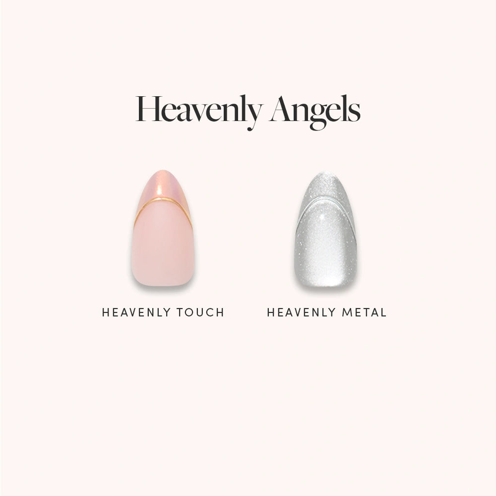 Two artificial nails from glamnetic’s Heavenly Angels set: one features a soft pink design with a gold line (Heavenly Touch), and the other is metallic silver (Heavenly Metal), both showcased under the “Heavenly Angels” branding on a pale background. These elegant press-on nail sets deliver a long-lasting manicure perfect for any occasion. - Product image