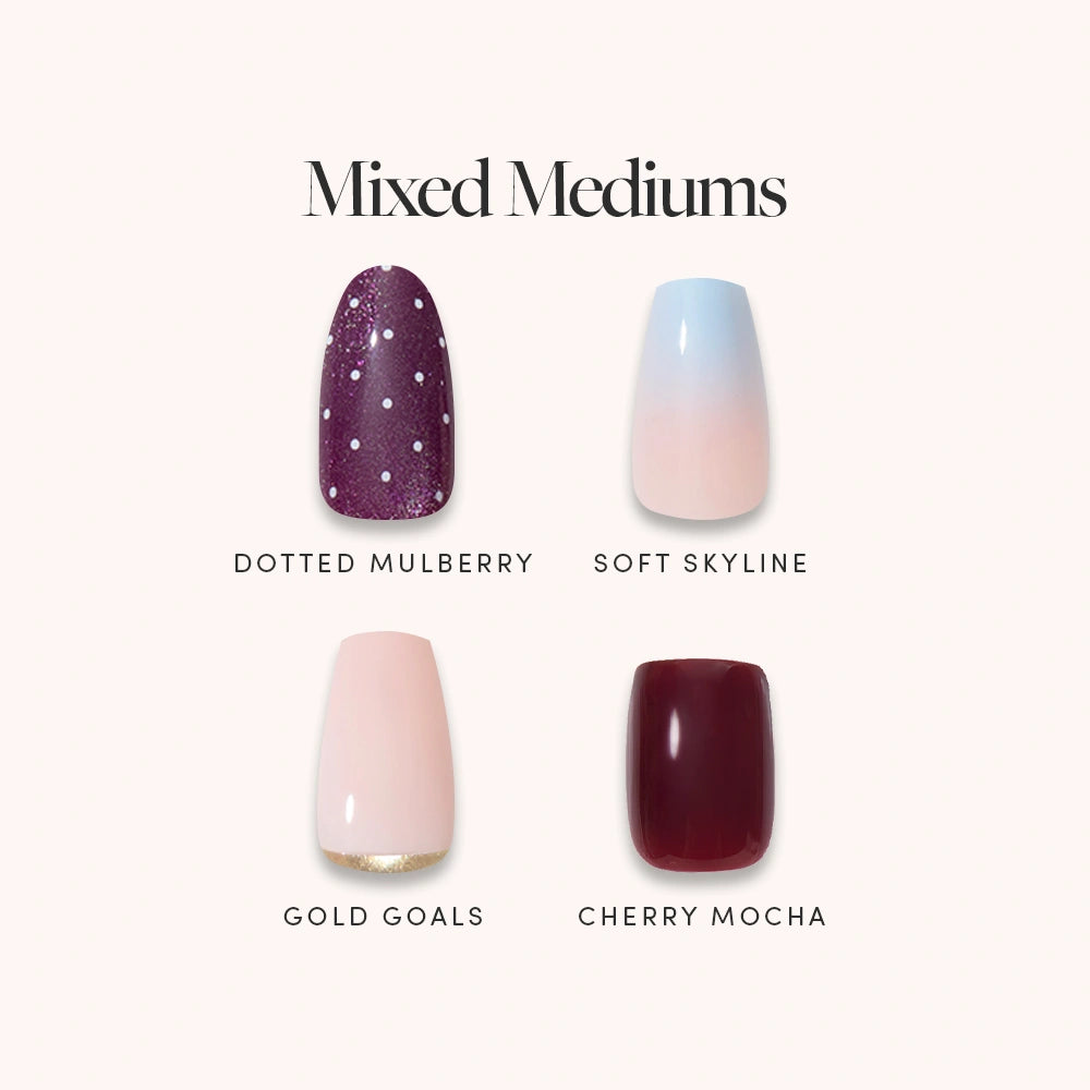 Experience effortless, salon-quality style with glamnetic’s Mixed Mediums press-on nail sets in medium length—featuring four chic designs: Dotted Mulberry (dark purple with white dots), Soft Skyline (light blue to white ombre), Gold Goals (pale pink with a gold tip), and Cherry Mocha (deep red). - Product image