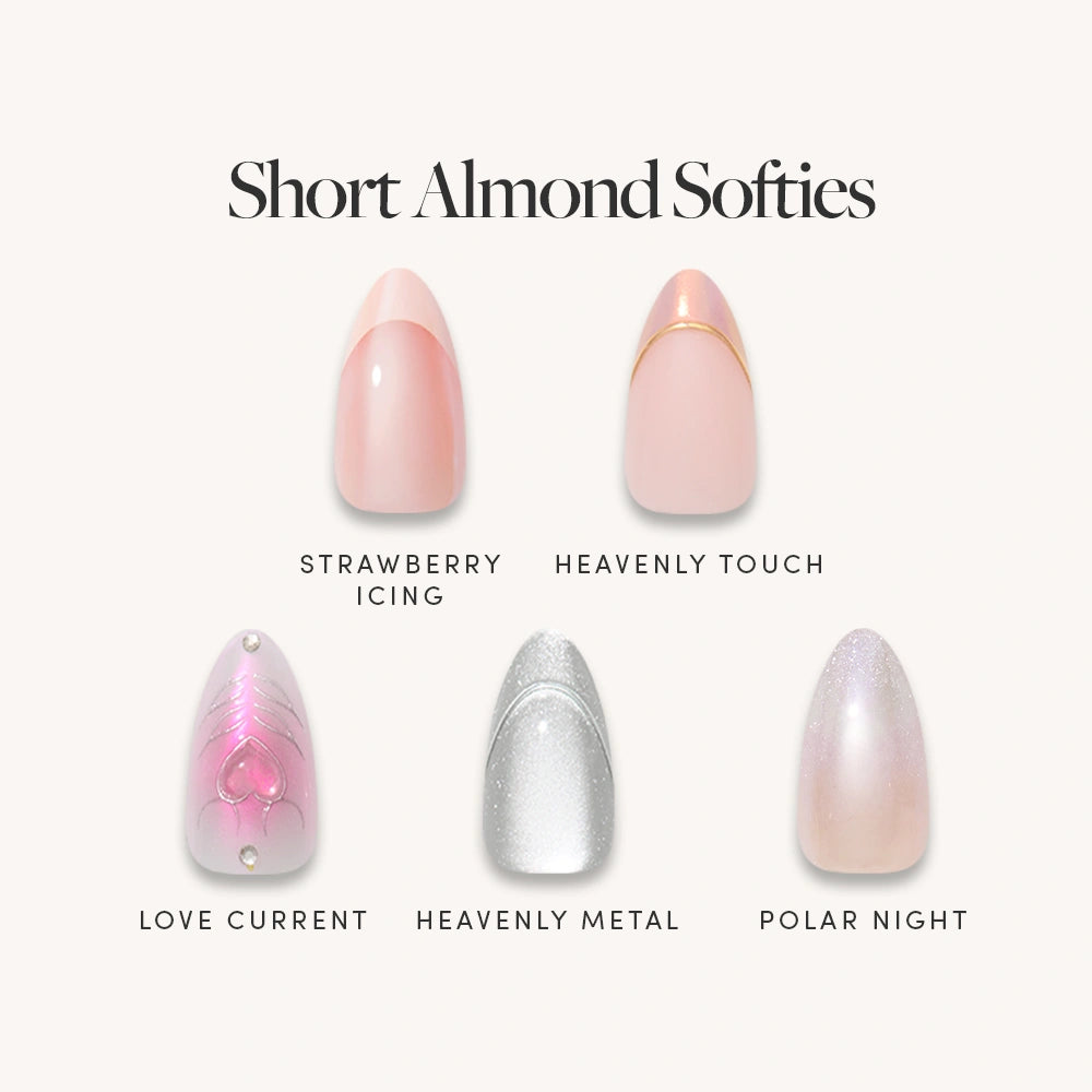 Nail color guide showing five almond-shaped tips labeled Strawberry Icing, Heavenly Touch, Love Current, Heavenly Metal, and Polar Night under the heading 'Short Almond Softies' on a light cream background. - Product image
