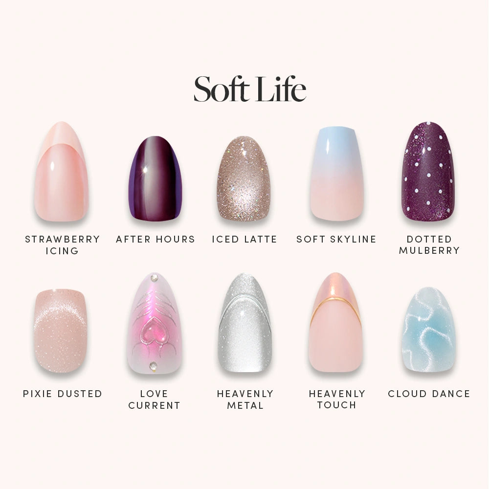 Nail color guide showing ten different nail shaped tips labeled under the heading 'Shoft Life' on a light cream background. - Product image