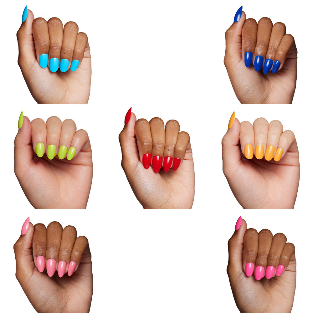 Seven hands display manicured nails, each painted a different bold color from the glamnetic Summer Vivids Collection—light blue, royal blue, lime green, red, orange, light pink, and hot pink—perfect for showing off press-ons on a white background. - Product image