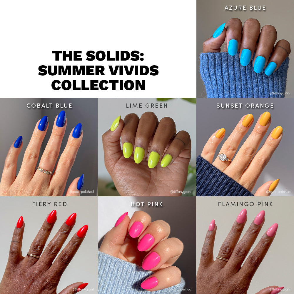 A collage of hands flaunts glamnetics Summer Vivids Collection press-on nails in six bold shades: Azure Blue, Cobalt Blue, Lime Green, Sunset Orange, Fiery Red, and Hot Pink. - Product image