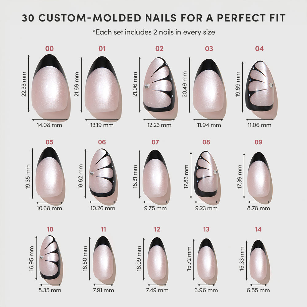 “Butterfly Effect” by glamnetic features custom-molded short almond nails in various sizes, each labeled with measurements. These nails have a pale velvet nude base and black crescent-shaped tips for a chic look. - Product image