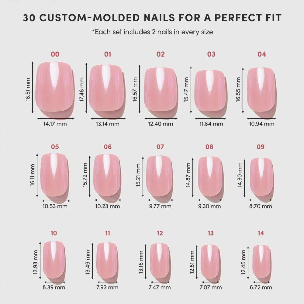 An image shows glamnetic’s Mauve On Up vegan press-on nails in 15 sizes, custom-molded and arranged in rows. Each mauve pink nail features length and width measurements in millimeters for a perfect fit. - Product image