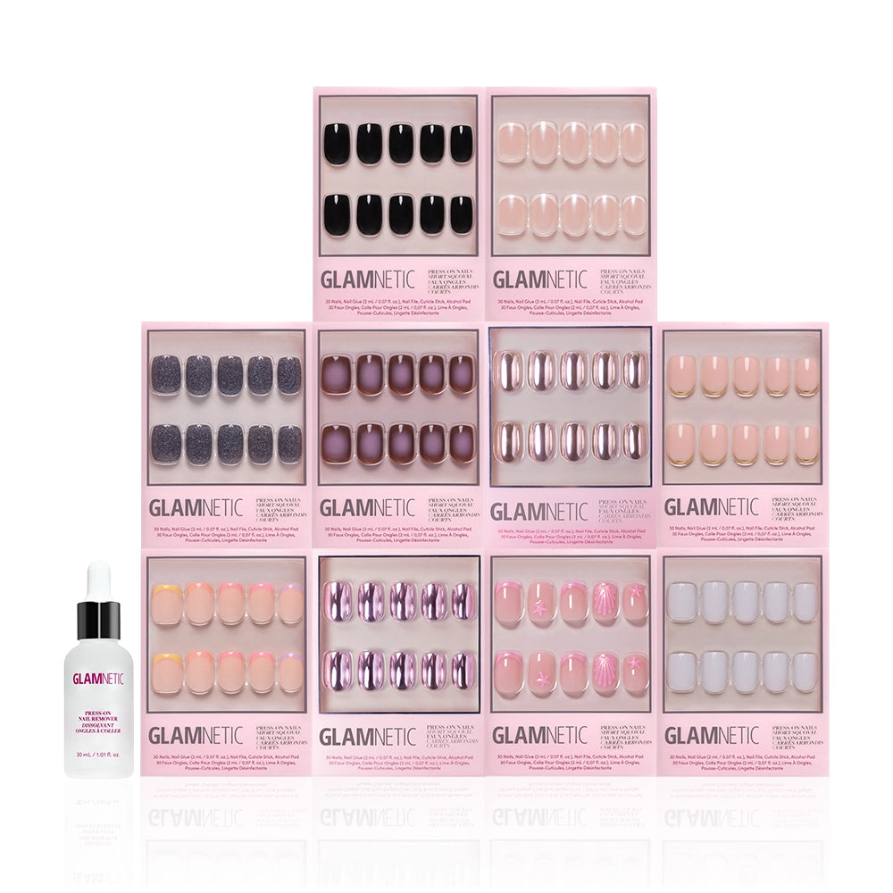 Ten sets from the glamnetic The Squoval Vault, featuring chic French tip and trendy short squoval nails in various colors and styles, are arranged in a grid with a Glamnetic nail glue bottle in front on a white background. - Product image