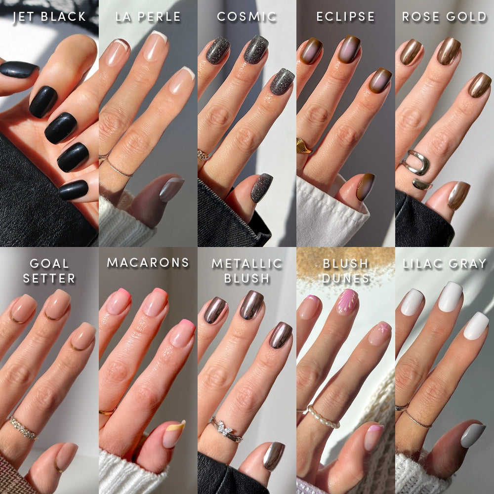 Twelve short squoval nails in various colors and finishes from glamnetic’s The Squoval Vault, each labeled: Jet Black, La Perle, Cosmic, Eclipse, Rose Gold, Goal Setter, Macarons, Metallic Blush, Blush Dunes & Lilac Gray.