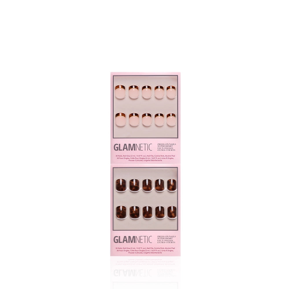 Two sets of glamnetic's The Super Short Tortoiseshell Duo press-on nails are shown in pink packaging. The top set is a light pink French tip, and the bottom features a shiny brown tortoiseshell style with assorted nail sizes in clear trays. - Product image