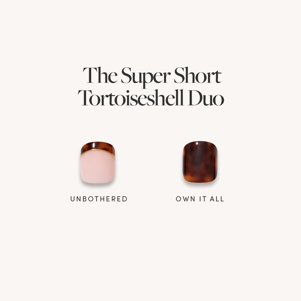 The Super Short Tortoiseshell Duo by glamnetic: Left nail has a pink base with a brown tortoiseshell French tip (UNBOTHERED), right nail is entirely brown tortoiseshell (OWN IT ALL).