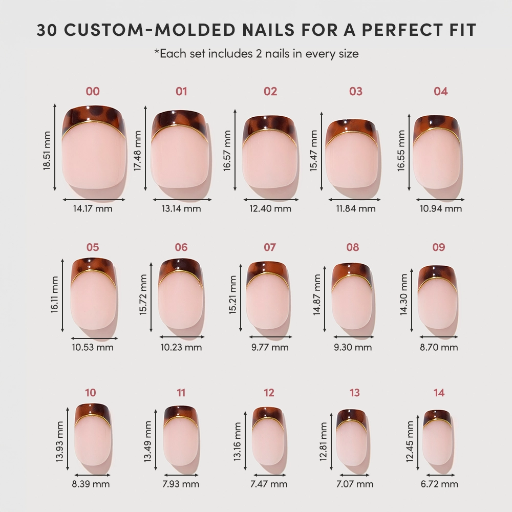 A chart displays 15 sizes of glamnetic’s The Trendsetter custom-molded press-on nails, each labeled with width and length in millimeters. The short squoval nails have a glossy brown tortoiseshell French tip and pink base. - Product image