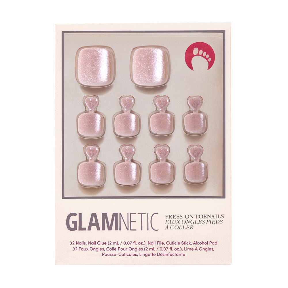 A box of Glamnetic press-on toenails in a soft rose glitter finish. - Product image