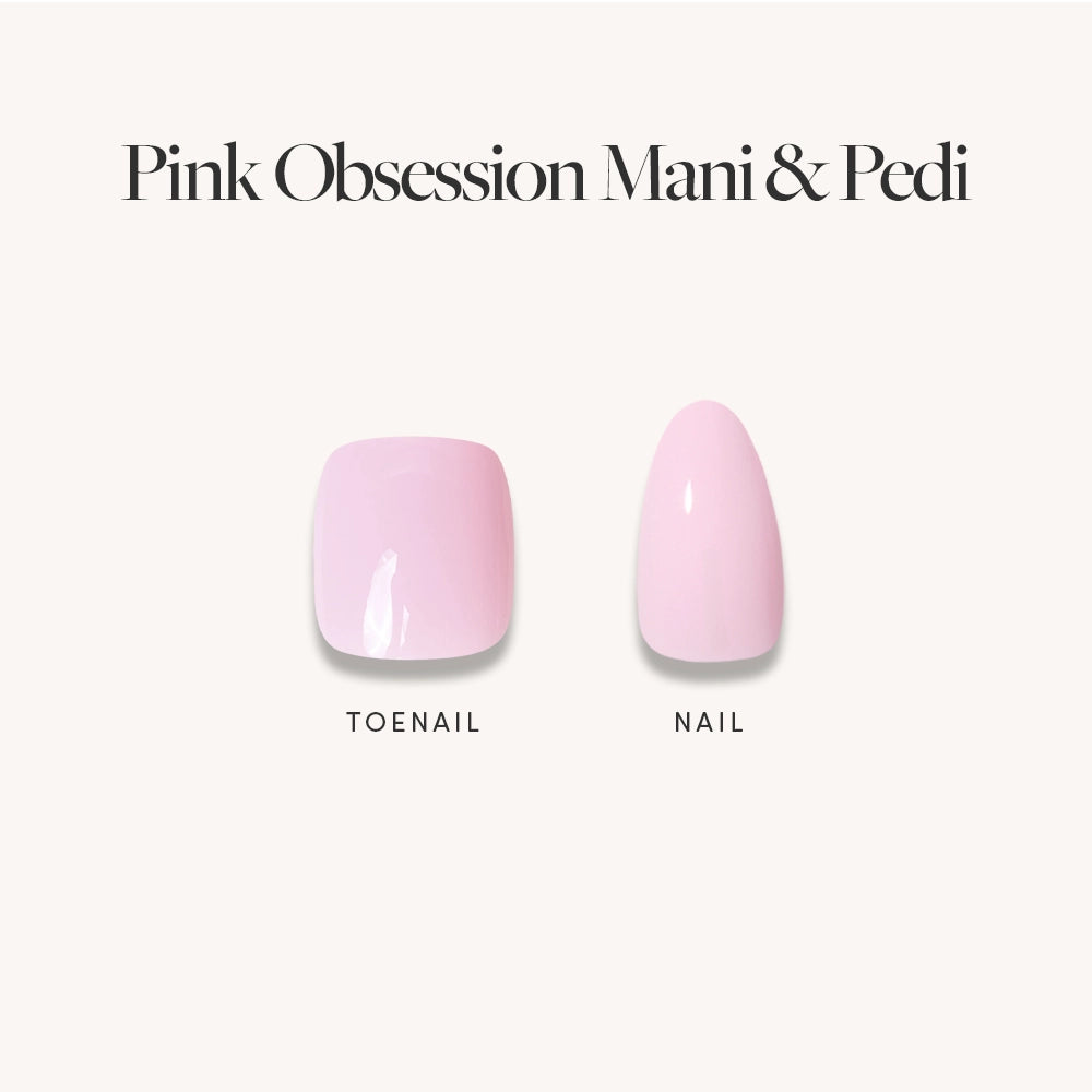 A graphic displays a glossy blush pink toenail on the left (Toenail) and fingernail on the right (Nail), with the title "Glossy Blush Pink Mani & Pedi Bundles by glamnetic" above. - Product image
