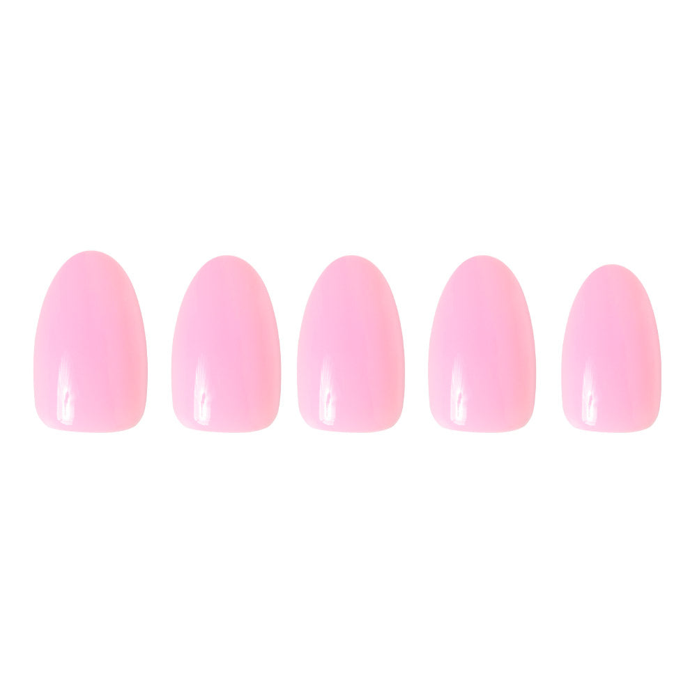 Five Think Pink press-on nails by glamnetic are arranged in a row, each with a glossy baby pink finish, displayed on a white background. - Product image