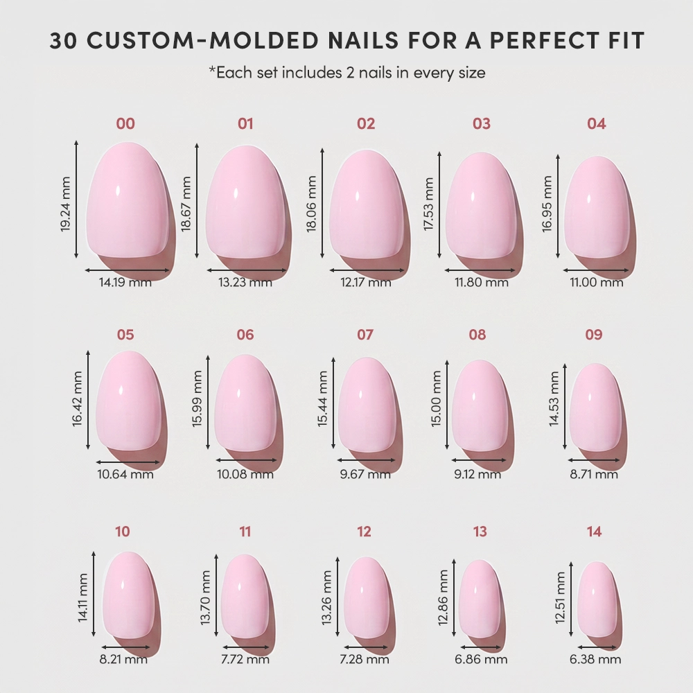 The glamnetic Think Pink set features a chart with 15 baby pink press-on nail sizes, each numbered and sized in millimeters. Each size includes 2 short oval nails, giving you 30 custom-molded nails for the perfect fit. - Product image