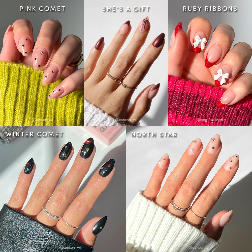 A collage of five glamnetic Three-Dimensional Dazzle holiday nails—each with unique patterns, almond shapes, and 3D gems—is shown on hands against colorful sweater sleeves.