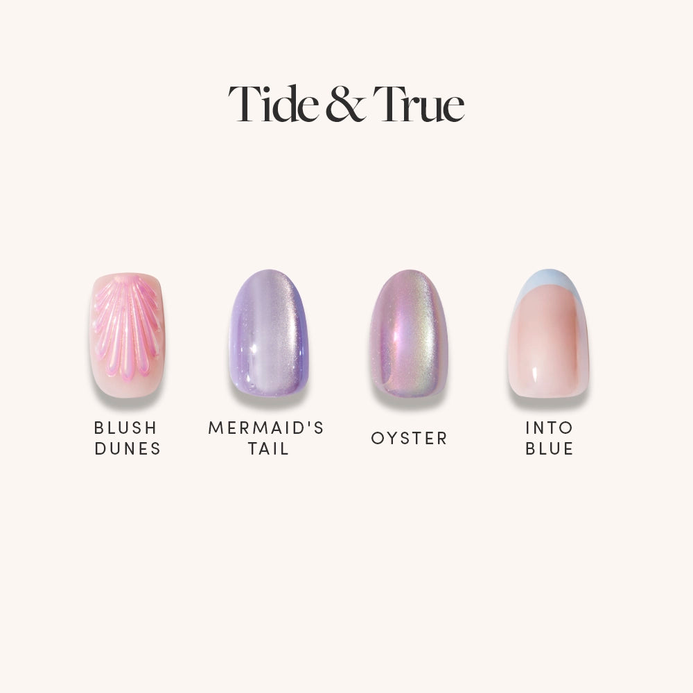 Tide & True by glamnetic: four ocean-inspired press-on nails in short oval and squoval shapes—pink shell (Blush Dunes), shimmery lavender (Mermaids Tail), iridescent pearl (Oyster), and pastel blue tips (Into Blue). Your summer mani lineup!. - Product image