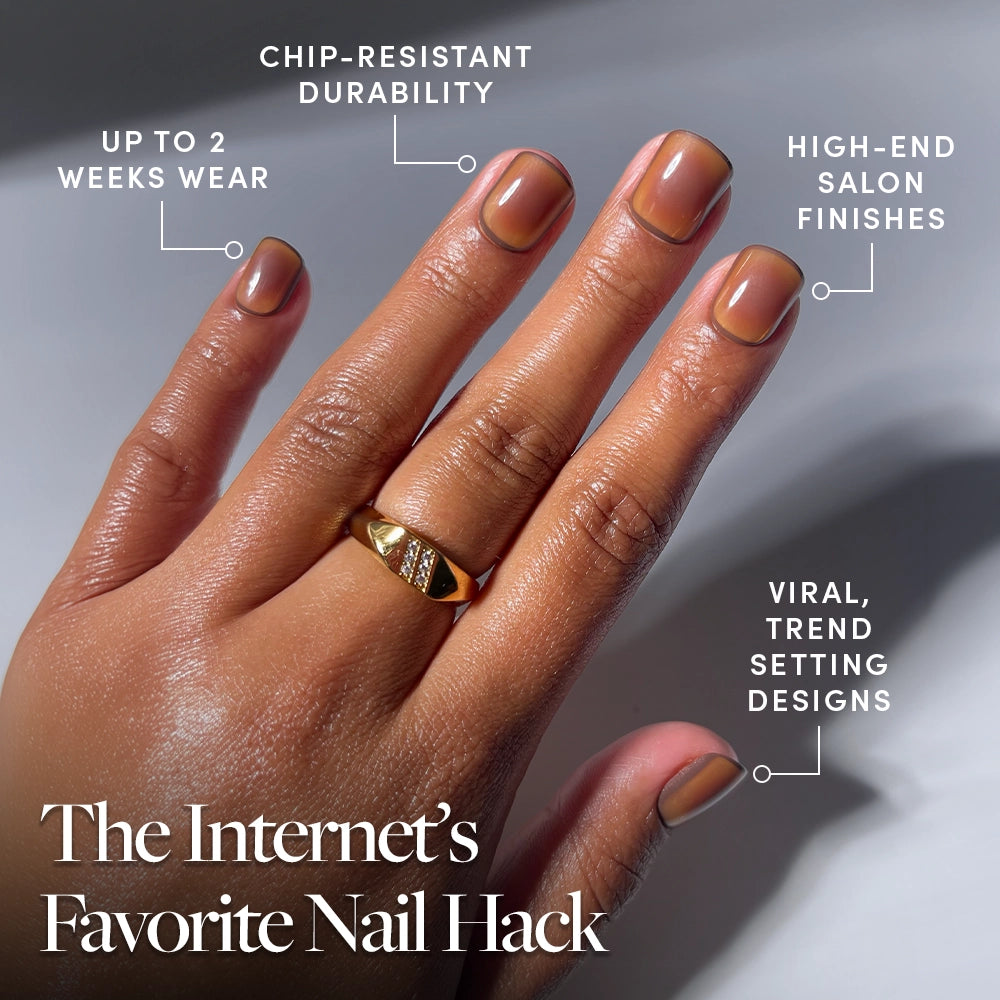 A hand with neatly manicured, super short "Tiger Eye" nails from glamnetic in a nude shade is shown. Text highlights benefits like 2 weeks’ salon-quality wear, chip resistance, salon finishes, and trend-setting designs. The person wears a gold ring. - Product image
