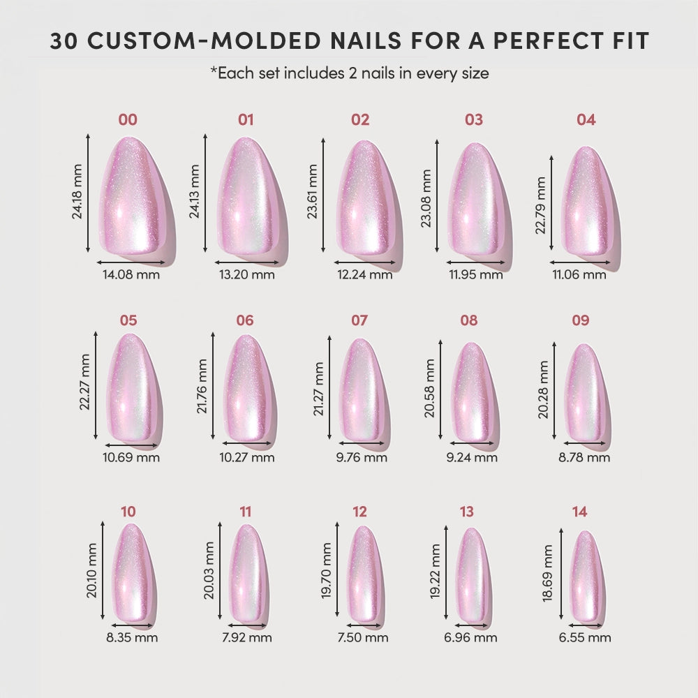 Image of glamnetic Timeless Oyster Press-On Nails in a pink, pearlescent almond shape. Set includes 15 sizes with width and length in millimeters shown; 2 nails per size for a total of 30 nails. - Product image