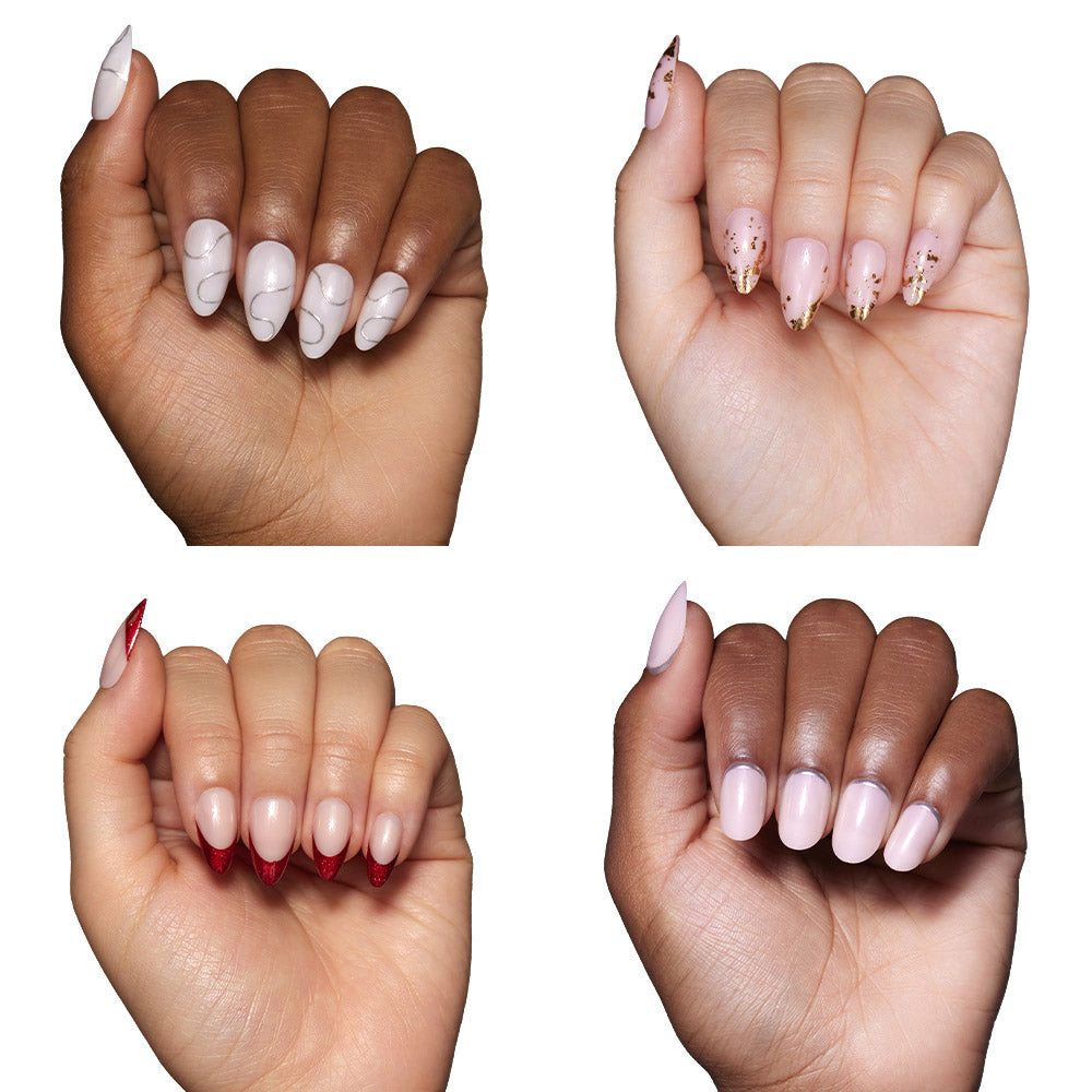 Four hands showcase glamnetics Tinsel Tips: top left features a vegan, cruelty-free white design with black swirls; top right has nude nails with gold glitter; bottom left sports red-tipped semi-transparent nails; bottom right shows light pink nails. - Product image