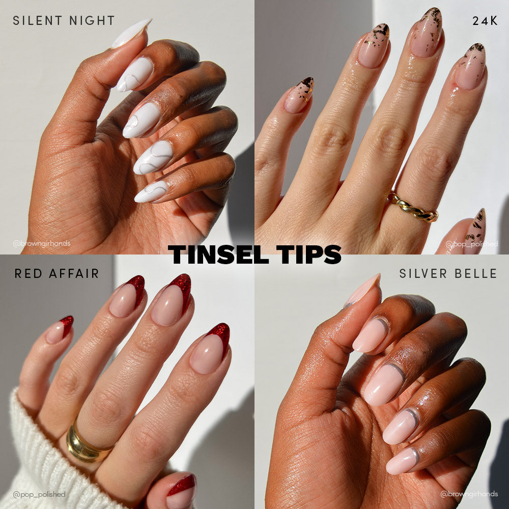 A collage displays four festive glamnetic Tinsel Tips almond nails: Silent Night (white marble), 24K (gold tips with black dots), Red Affair (red glitter tips), and Silver Belle (silver chrome French), all on semi-transparent bases. - Product image
