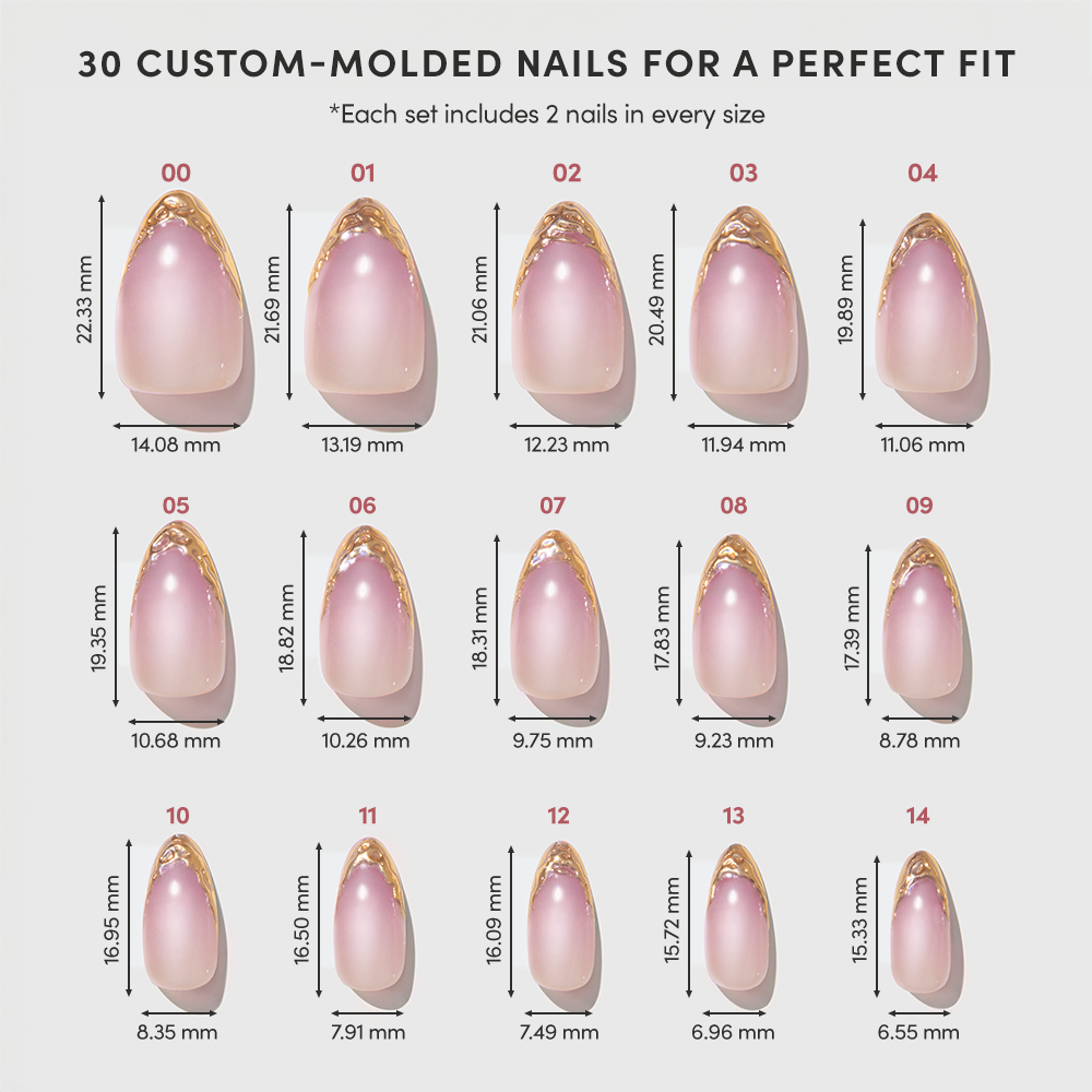 A grid of fifteen short almond Tipped in Gold glamnetic press-on nails with gold French tips, each labeled with a size number and its specific dimensions in millimeters. - Product image