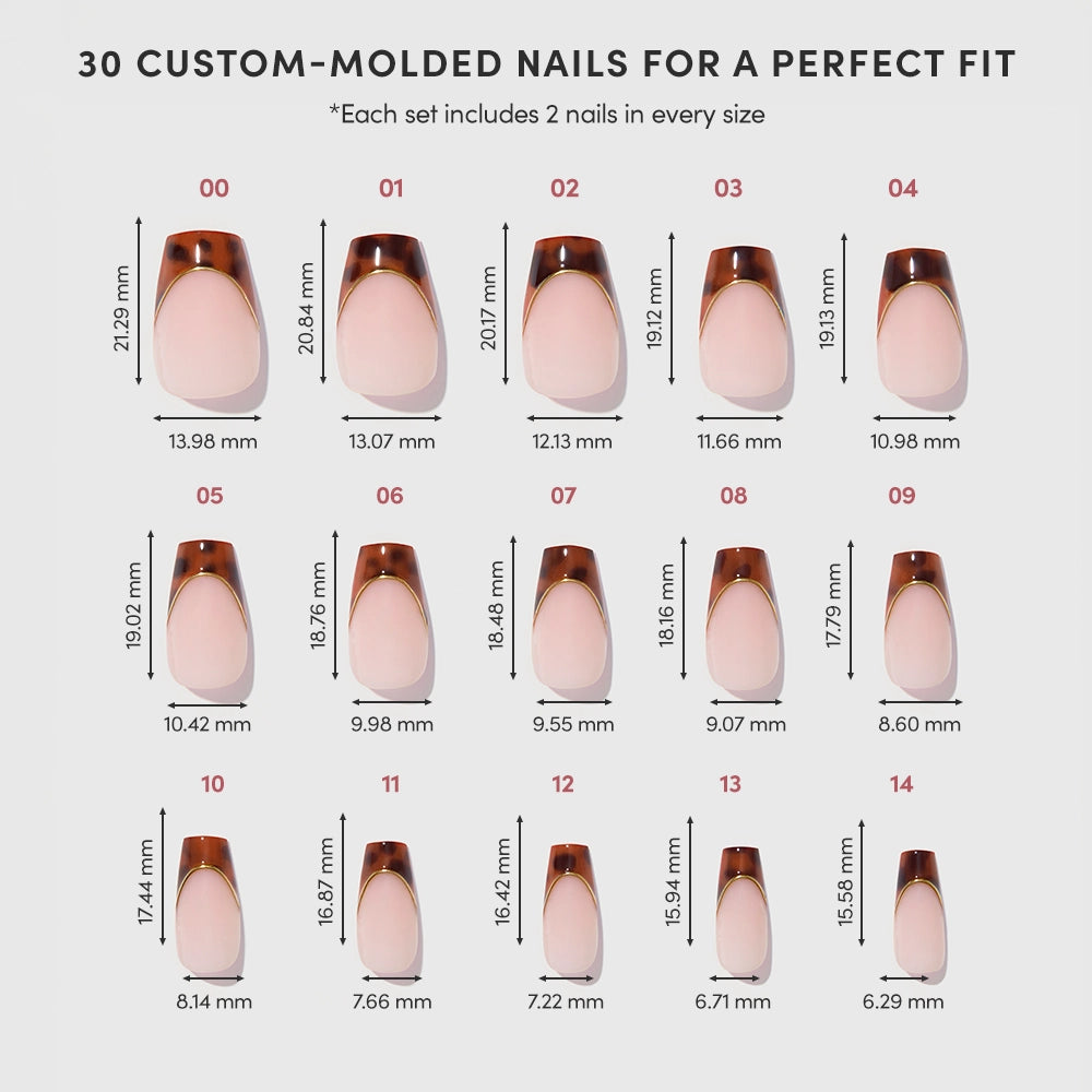 A chart displays 15 pairs of Top Tier custom-molded press-on coffin nails by glamnetic, each labeled with size numbers and exact length and width in millimeters, arranged from largest to smallest for easy size selection. - Product image
