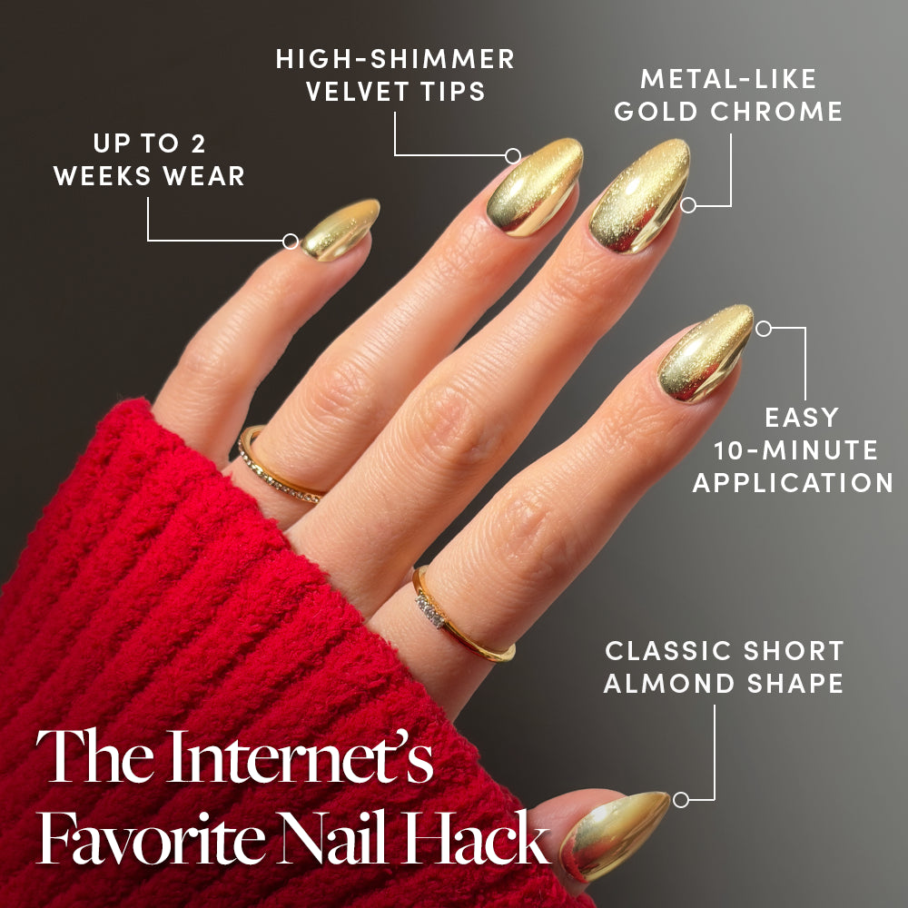 Hand with short almond-shaped gold chrome Trophy Wives nails, featuring high-shimmer velvet tips, 10-minute application, and 2-week wear duration. - Product image