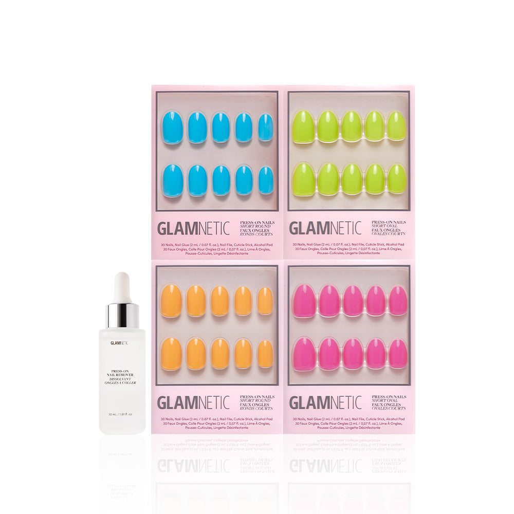 Four boxes of glamnetic Tropic Like Its Hot press-on nails in vibrant blue, green, orange, and pink are arranged in a square, with a Glamnetic Nail Serum dropper bottle below—perfect for bold summer vibes. - Product image