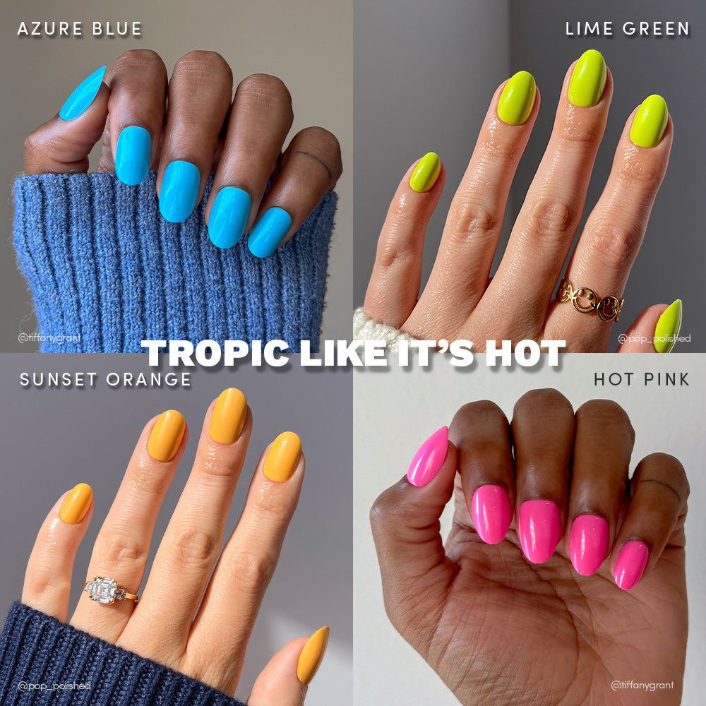 A collage features four manicured hands in bold summer shades—azure blue, lime green, sunset orange, and hot pink—from glamnetic’s Tropic Like Its Hot nail set, each labeled and set against neutrals with the slogan “TROPIC LIKE IT’S HOT.”. - Product image