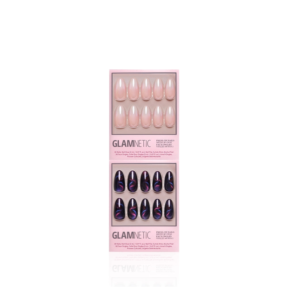 Two pink packages of glamnetic "Trust the Medium" press-on nails: the top set is solid nude, while the bottom has black nails with pink and purple swirls. Both sets are shown on a white background. - Product image