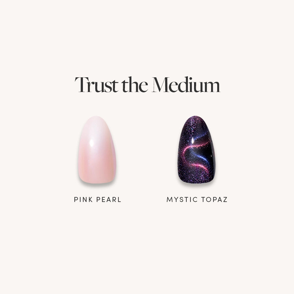 Two medium oval glamnetic press-on nails on a light background: one with a pale pink pearlescent finish (Pink Pearl) and one with a dark shimmery purple design (Mystic Topaz). Text above reads "Trust the Medium. - Product image