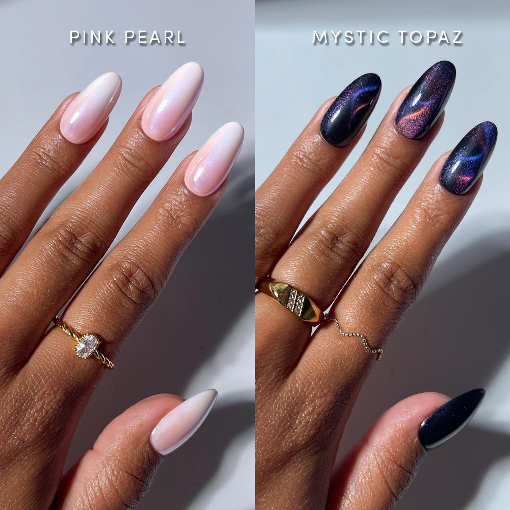 Two hands with manicured nails: the left sports glossy, iridescent "Trust the Medium" press-on nails by glamnetic in a medium oval shape, while the right showcases dark, shimmering galaxy-inspired Mystic Topaz nails. Both hands are adorned with gold rings.