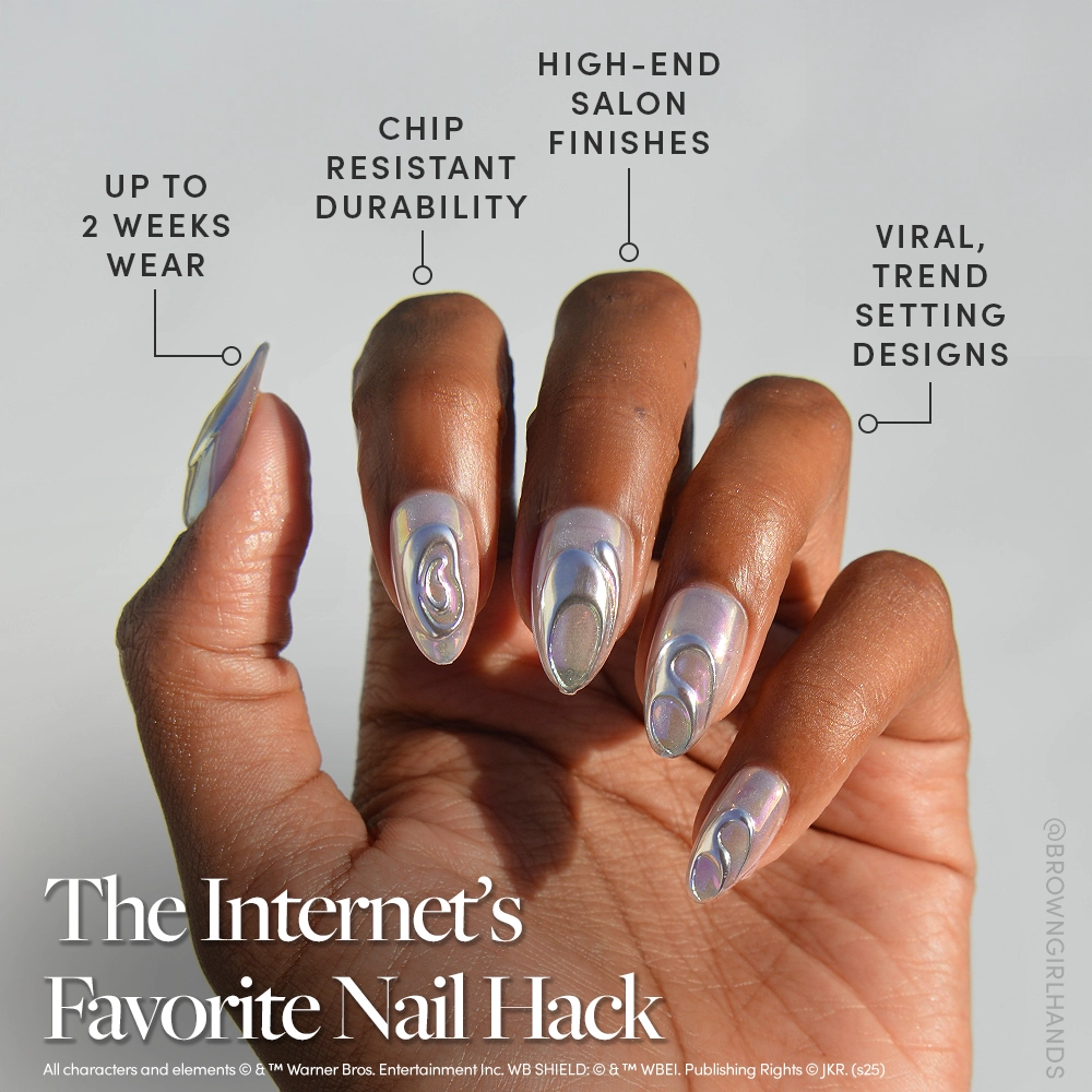 A hand with long, iridescent chrome nails from glamnetic’s Unicorn Blood set appears against a plain background. Text showcases long wear, chip resistance, salon-quality finish, and magical creature-inspired designs. - Product image