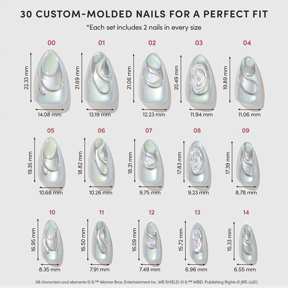 The glamnetic Unicorn Blood set features 15 custom-molded artificial nails with mystical pearl designs, precisely measured in millimeters. Each pack includes 2 nails per size for a total of 30 chrome nails. - Product image