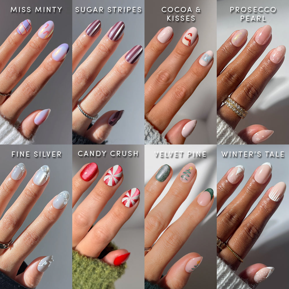 Twelve manicured hands, each featuring unique nail art designs—such as stripes, glitter, and festive patterns—display the Uptown Short Ovals manicure bundle by glamnetic. Each hand is labeled with a creative nail art name and highlights shimmering styles on stylish short oval press-on nails. The glamorous glamnetic nails come in various colors and decorative looks. - Product image