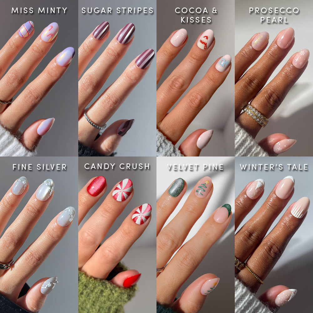 Twelve manicured hands, each featuring unique nail art designs—such as stripes, glitter, and festive patterns—display the Uptown Short Ovals manicure bundle by glamnetic. Each hand is labeled with a creative nail art name and highlights shimmering styles on stylish short oval press-on nails. The glamorous glamnetic nails come in various colors and decorative looks.