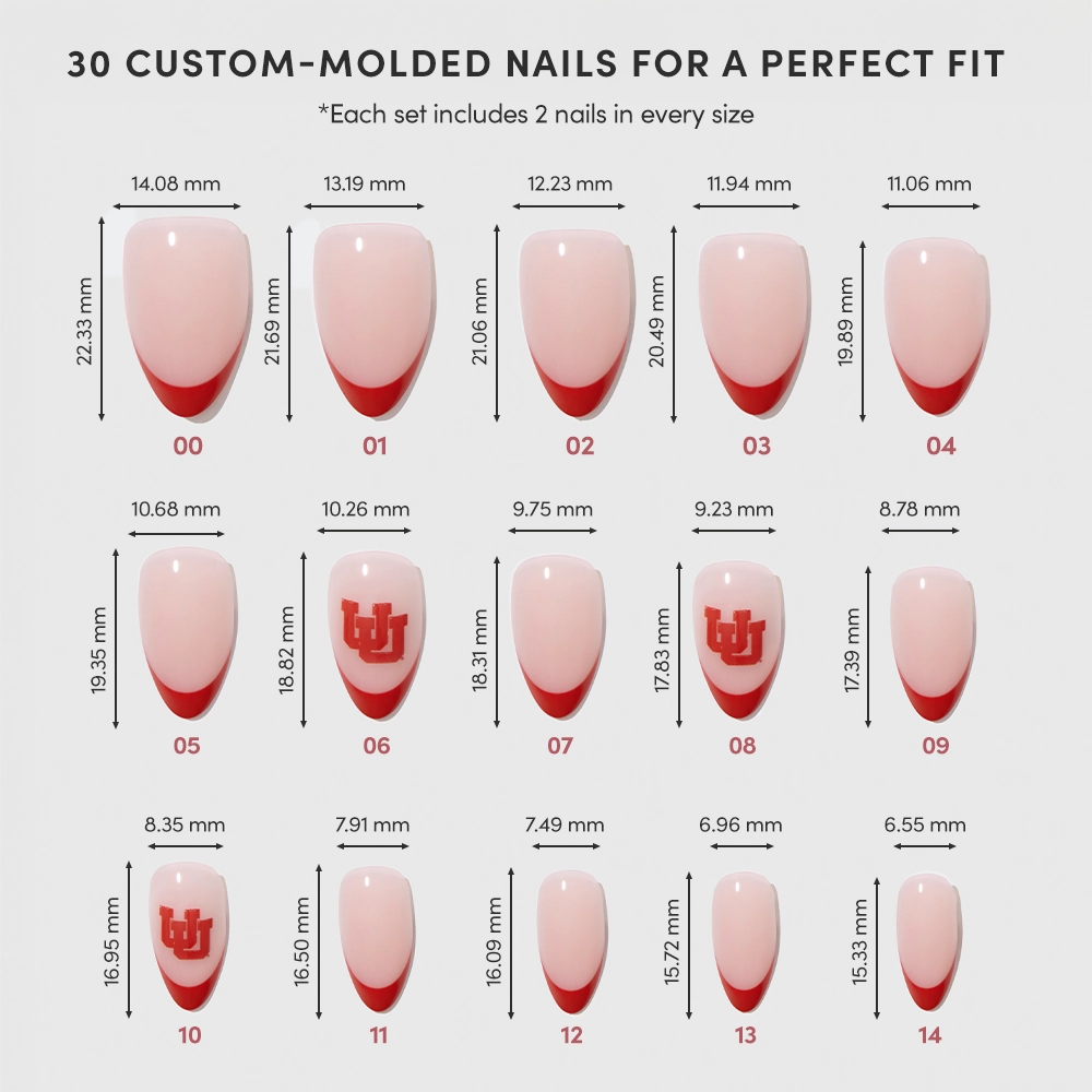 The glamnetic Utah Utes Press-On Nail Set displays 15 salon-quality nails in assorted sizes, some with bold red French tips and others with the University of Utah U logo, each nail labeled with measurements. - Product image