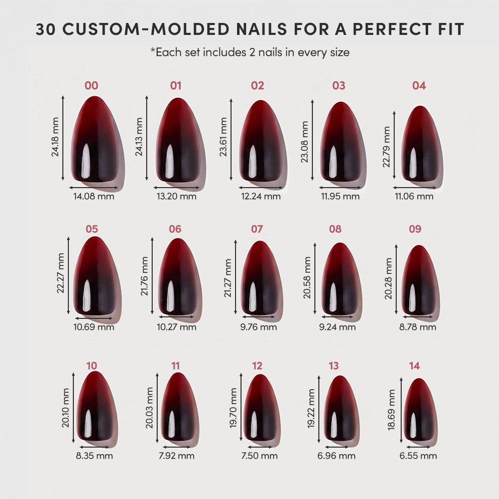 Chart displaying 15 sizes of custom-molded red and black ombre almond press-on nails from glamnetic’s Vampiress collection, labeled 01 to 15, each with measurements for length and width in millimeters. Text notes that each Vampiress Press-On Nail Set includes two nails per size, providing a salon-quality mani at home. - Product image