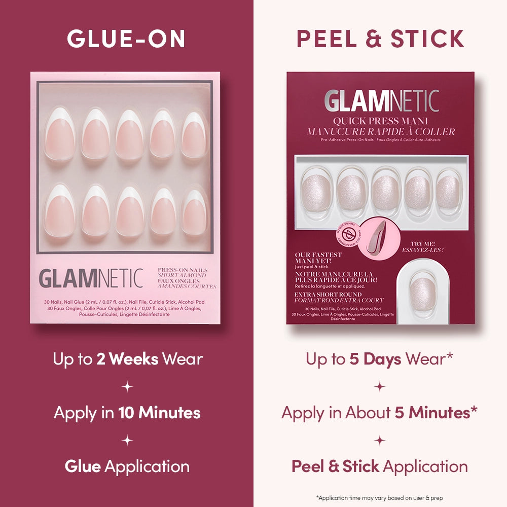 Comparison image of two glamnetic manicure products: Velvet French Glue-On with oval nails and pink packaging, or Peel & Stick Velvet French for 5-day wear—no glue needed, just built-in adhesive for 5-minute application. - Product image