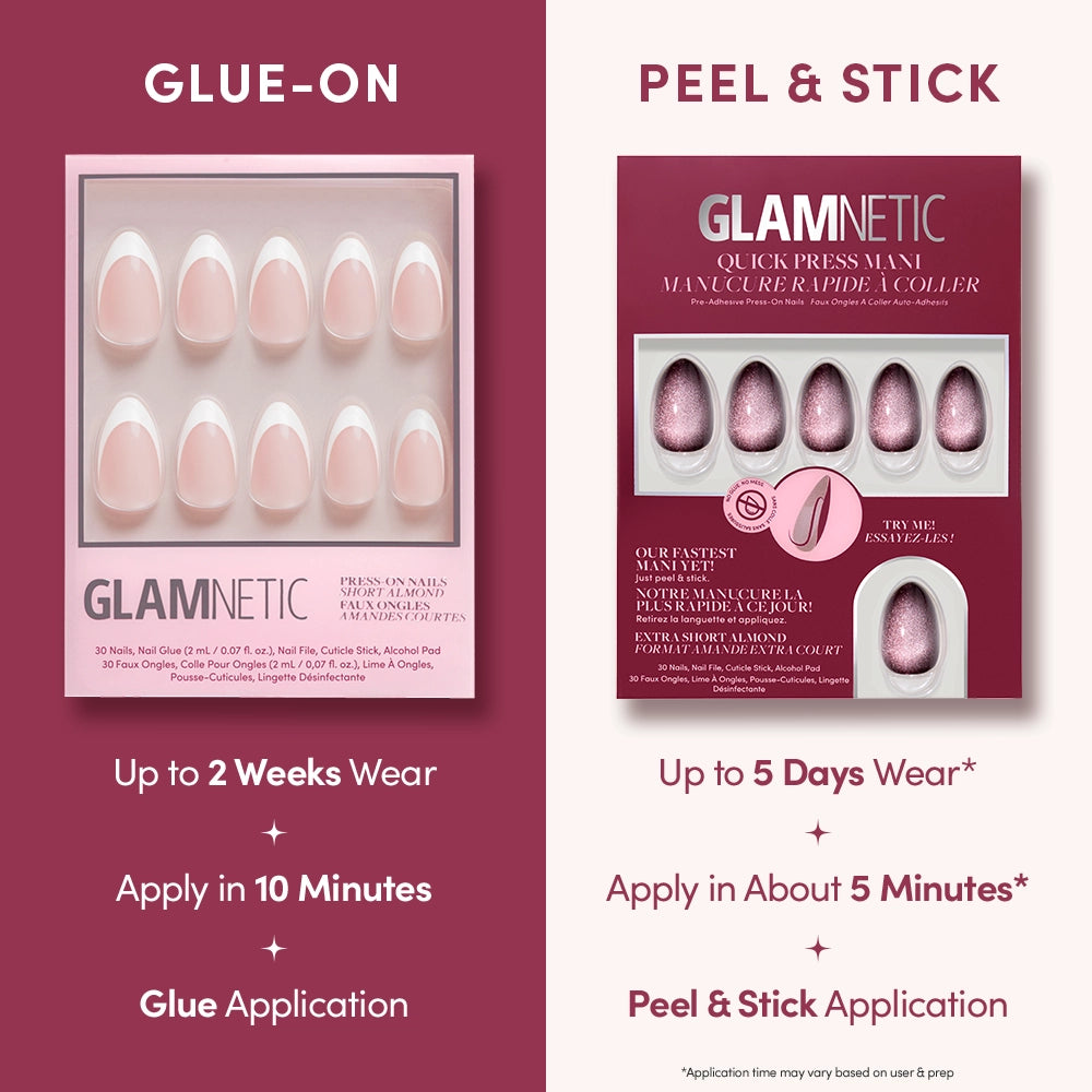 A comparison of glamnetic’s Velveteen Trance Glue-On nails (up to 2 weeks wear) and Peel & Stick no-glue nails (up to 5 days wear), displaying product packaging and highlighting key features for each application method, all set against a pink background. - Product image