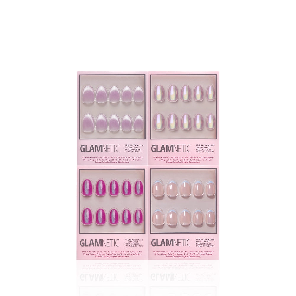 Four boxes of glamnetic Light Work Ovals press-on nails in pink packaging, each showcasing a different color and style—including short oval nails with a high-shimmer finish—are arranged in a 2x2 grid on a white background. - Product image