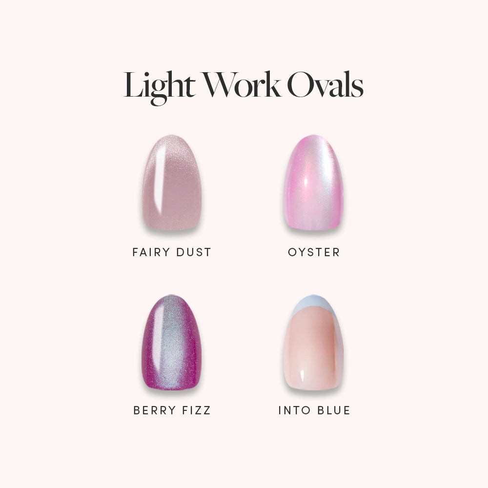 Four short oval press-on nails by glamnetic are displayed under the text “Light Work Ovals” in nail polish sample shades: Fairy Dust (soft iridescent pink), Oyster (pearl pink), Berry Fizz (shimmery berry with a high-shimmer finish), and Into Blue (nude with a pale blue tip). - Product image